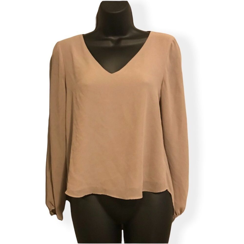 Lost April Cream Tan V Neck long sleeve sheer business career women’s blouse top